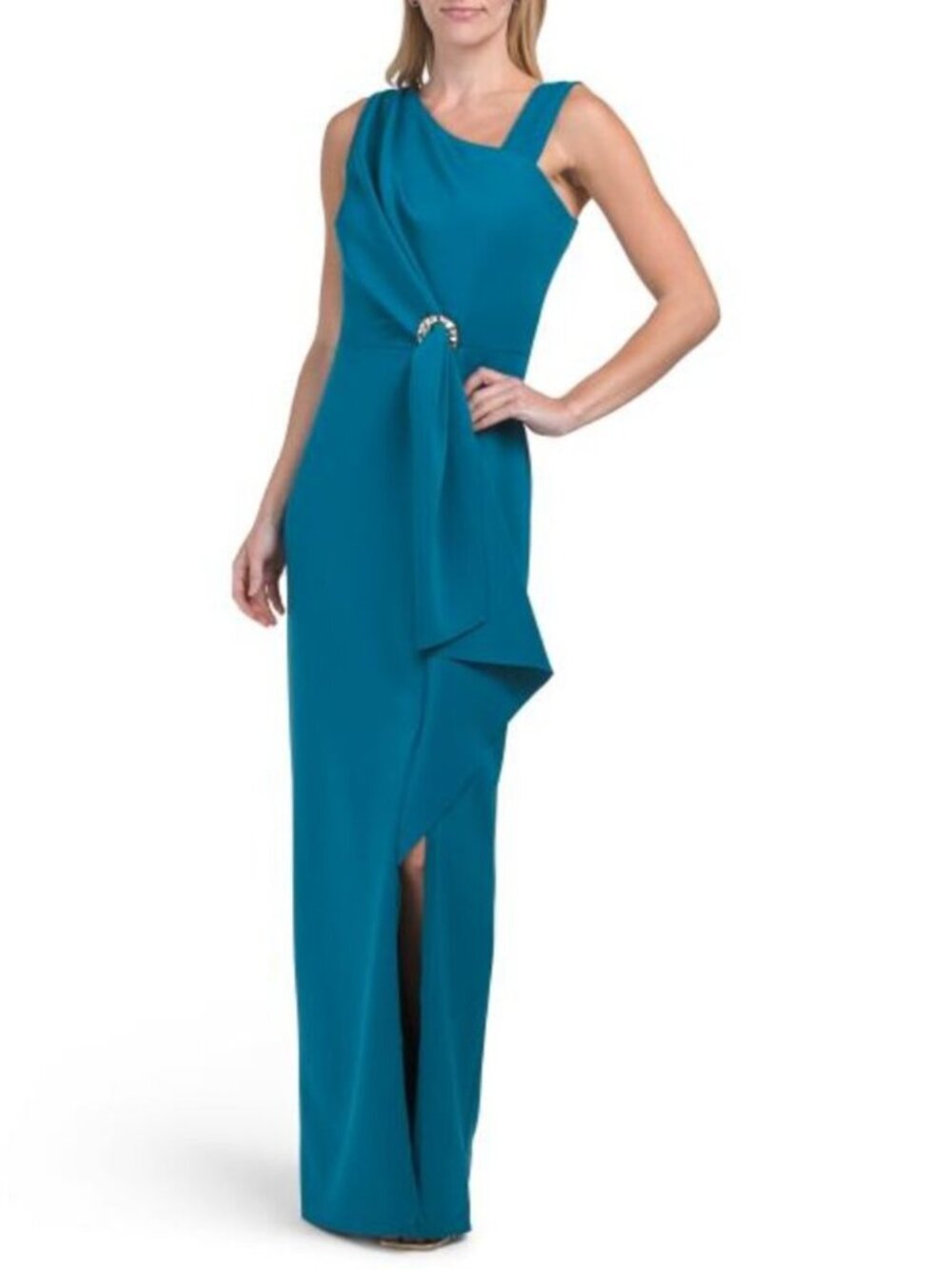 BETSY & ADAM Made In Usa Long Techno Ruffle Scuba Gown